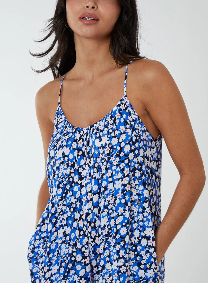 Blue Vanilla  Ditsy Printed Oversized Wide Leg Jumpsuit for Women | Best Price UAE